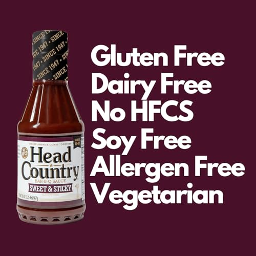 Head Country Bar-B-Q Sauce Sweet & Sticky | Gluten Free BBQ Sauce With No Allergens Or Preservatives | Sweet & Robust Championship Barbecue Sauce Great on Beef Pork & Chicken | 20 Ounce Pack of 1