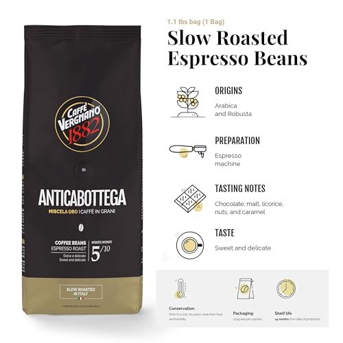 Caffe Vergnano 1882 Antica Bottega Whole Bean Arabica Medium Roast Espresso, 1.1 Lbs Bag - Italian Coffee Beans With Notes Of Ch