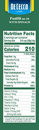 De Cecco Pasta, Spinach Fusilli No.34, 12 Oz (Pack Of 12) - Made In Italy, High In Protein & Iron, Bronze Die (Vkp0034)