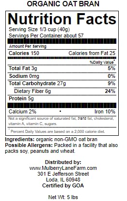 Oat Bran, 80 Ounces Or 5 Pounds Usda Certified Organic, Non-Gmo Bulk, Mulberry Lane Farms
