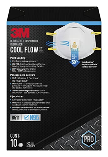 3M N95 Respirator 8511, Cool Flow Valve, 10 Pack, Niosh-Approved, Advanced Filter Media For Easy Breathing, Comfortable For Long Periods Of Wear, Helps Filter Pollen, Mold Spores & Dust (8511Pb1-A-Ps)