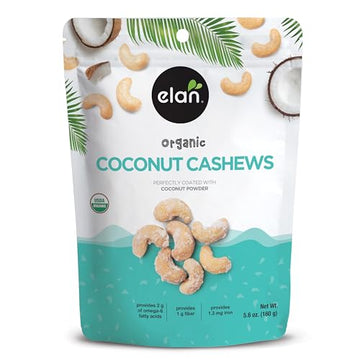 Elan Organic Coconut Cashews, 5.6 Oz, Non-Gmo, Gluten-Free, Vegan, Kosher, Glazed Nuts (Roasted Cashews, Coconut Milk Powder, Himalayan Pink Salt), Superfood Infused Nuts