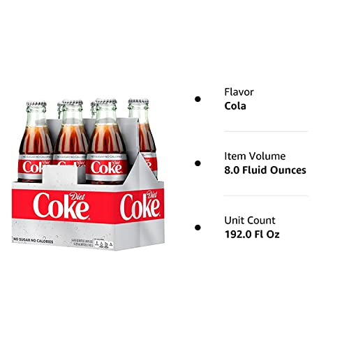 Diet Coke Glass Bottles, 8 Fl Oz, Pack of 24 - Refreshing Cola Beverage, Perfect for Parties and Gatherings