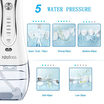 H2Ofloss Water Flosser Portable Dental Oral Irrigator With 5 Modes, 6 Replaceable Jet Tips, Rechargeable Waterproof Teeth Cleane