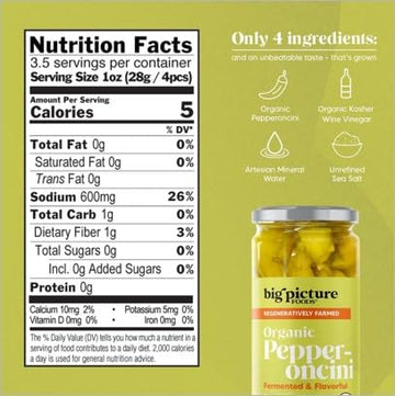 Big Picture Organic Pepperoncini/Whole in Jar - Zesty Macedonian Green Peppers for Antipasti Excellence! Whole Regeneratively Farmed and Bursting with Nutrients - Net Wt. 12oz (340g)