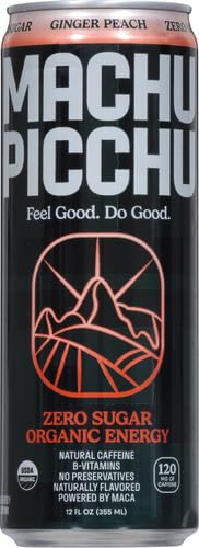 Machu Picchu Energy Drink Zero Sugar, Organic Ginger Peach, 12 Fl Oz