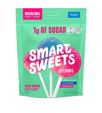 SmartSweets Blue Raspberry & Watermelon Lollipops, 3oz Hard Candy, Low Sugar (1g), Low Calorie (40), Gluten-Free, Plant-Based