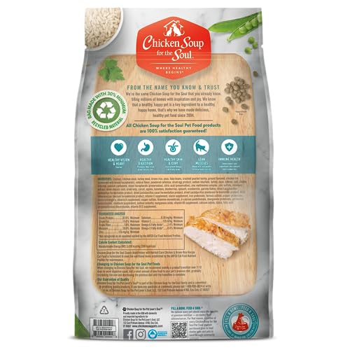 Chicken Soup For The Soul All Natural Enhanced Indoor W/Hairball Care Mature-Themed Dry Cat Food, Real Meat First Ingredient, No By-Products, Supports Intestinal Health, Chicken & Brown Rice, 12Lb