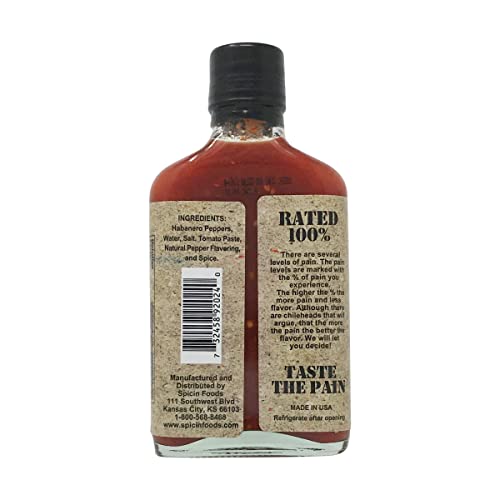 Pain 100% - Organic Hot Sauce - 7.5Oz Bottle - 250,000-1,000,000 Scovilles - Made In Kansas, Usa. Made With Habanero Peppers - 1