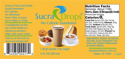 Sucradrops 4 Oz Bottle Of Premium Liquid Sucralose Sweetener, 1,180 Servings X 2 Drops Per Serving Size, Totaling 2,360 Drops
