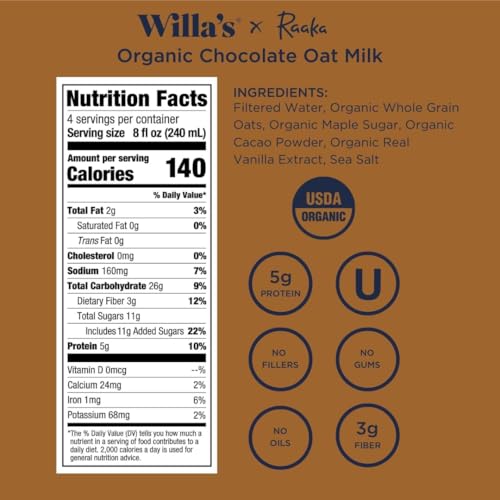 Willas Organic Oat Milk - Chocolate Unsweetened Cacao Oatmilk, Non-GMO, Shelf Stable, Low Sugar, Non-Dairy Milk, Made from Whol