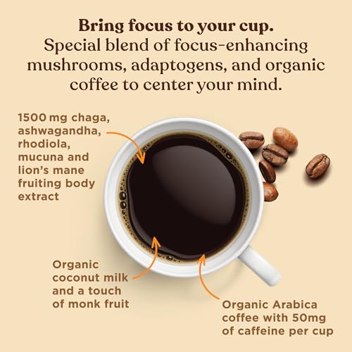 Four Sigmatic Focus Organic Mushroom Coffee Latte, 1500mg Adaptogens, 30 Servings - Energy, Focus & Immune Support, 6.35 Ounce