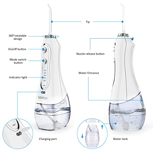 H2Ofloss Water Flosser Portable Dental Oral Irrigator With 5 Modes, 6 Replaceable Jet Tips, Rechargeable Waterproof Teeth Cleane