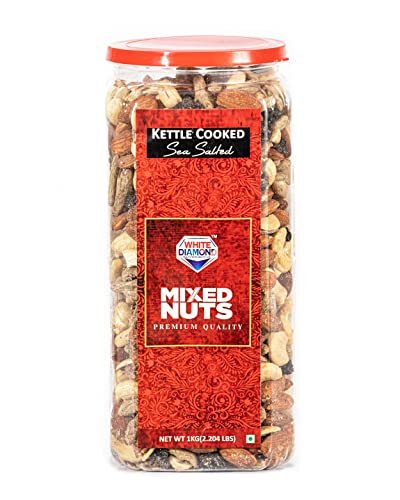 White Diamond Kettle Cooked Sea Salted Mixed Nuts - Roasted Almonds, Cashews, Dried Black Raisin, Green Raisin (1000 Gm)