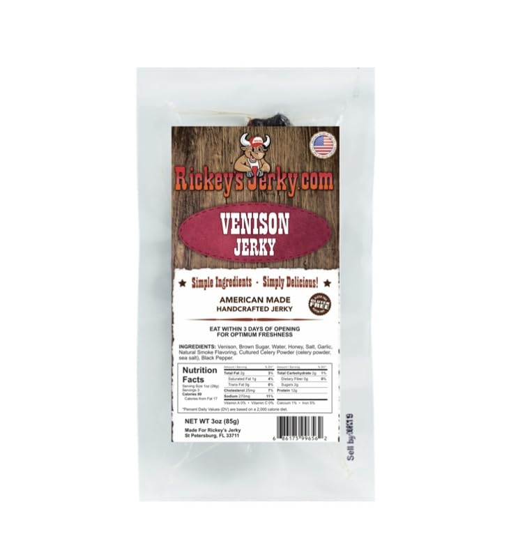 Rickey's Jerky, Venison Deer Jerky,100% Made From Solid Strips of Deer, Exotic Wild Game Jerky, All Natural Meat, High Protein s