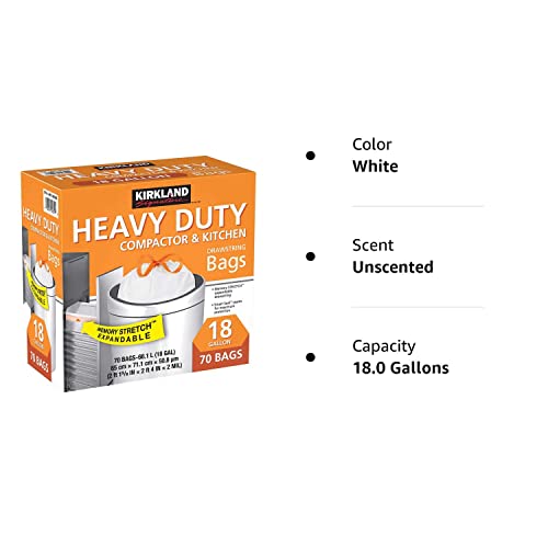 Kirkland Signature Compactor Bags, 18 Gallon, Smart Fit Gripping Drawstring, White, 1 Pack (70 Count)