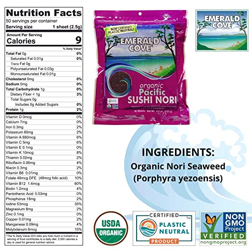 Emerald Cove Organic Pacific Sushi Nori (Dried Seaweed), 50 Count