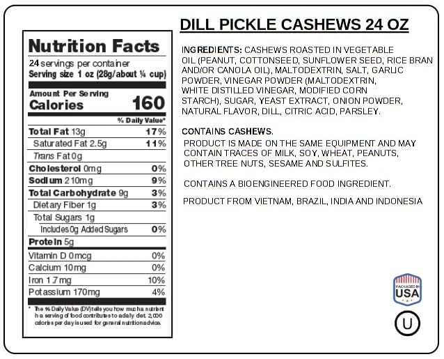Dill Pickle Cashews 24 Oz Resealable Pouch | Gourmet Roasted Cashews - Tangy, Savory, And Crunchy Snack - High-Protein, Vegan Fr