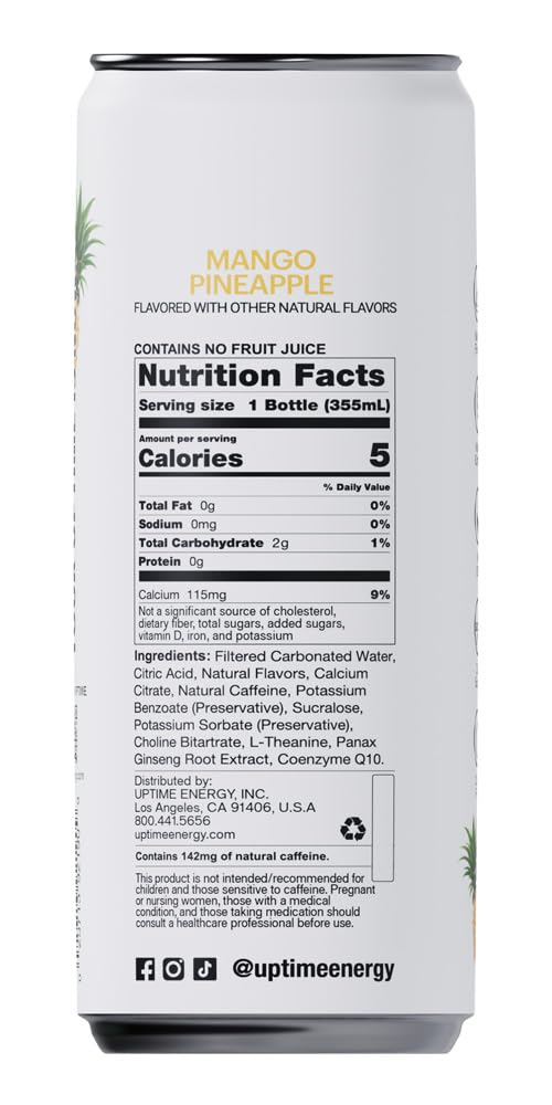 UPTIME Energy Drink, Mango Pineapple, Sugar Free, 12 Pack, 142mg Caffeine, 12 Fl Oz Cans