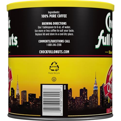 Chock Full o Nuts Heavenly Original Ground Coffee - enhanced Beans in Recyclable Steel Can - Rich Flavor & Aroma Medium Roast - Perfect for Drip Pour-Over Percolator - 30.5 Oz Can Pack of 6