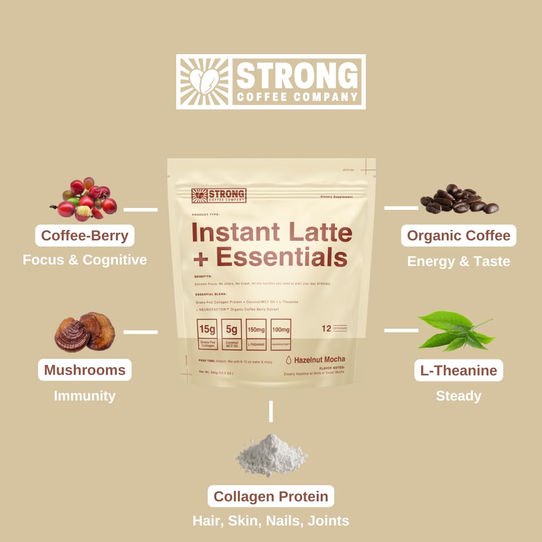 STRONG COFFEE COMPANY INSTANT HAZELNUT LATTE - 12 Single Serving Packs 15g Protein Instant Protein Coffee with Collagen Adaptogens & Nootropics No Crash No Jitters