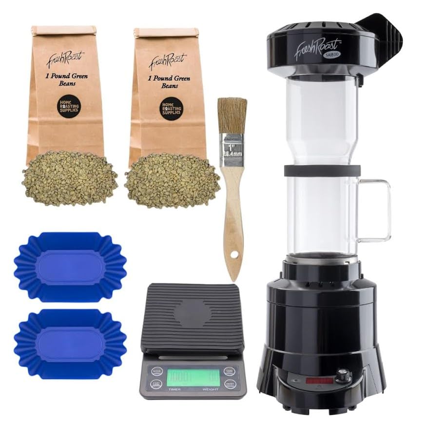 Fresh Roast Coffee Roaster Bundle SR800, Stainless Steel, Black, Includes Glass Extension Tube, Digital Scale, Green Beans, Sample Trays