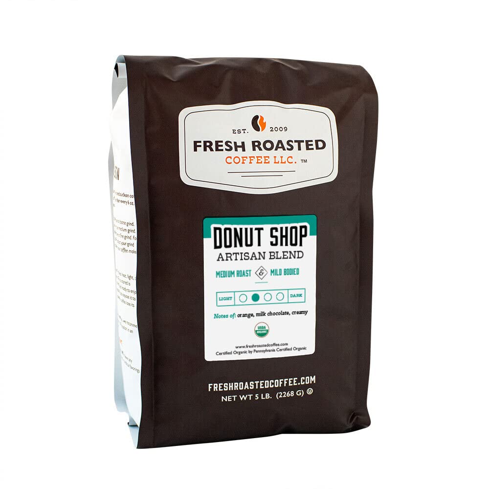 Fresh Roasted Coffee, Organic Donut Shop, 5 Lb (80 Oz), Medium Roast, Kosher, Whole Bean
