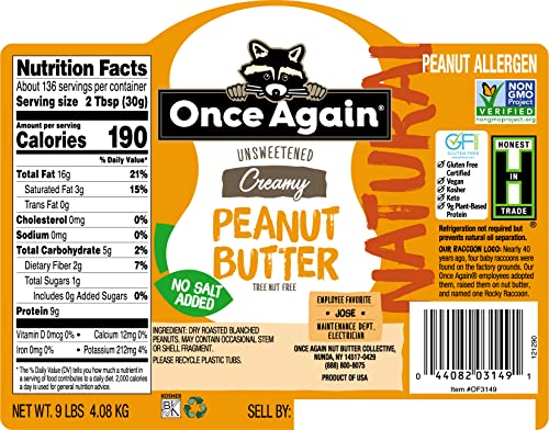 Once Again Natural, Creamy Peanut Butter, 9Lb Bucket (Same As 9 Jars) - Salt Free, Unsweetened - Gluten Free Certified, Vegan, Kosher, Non-Gmo Verified