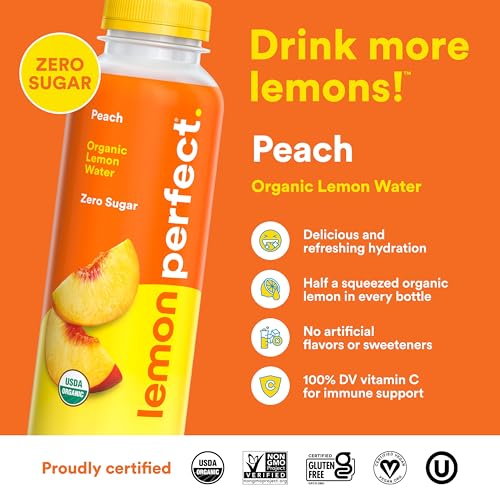 Lemon Perfect Peach, Hydrating Flavored Lemon Water, Zero Sugar, Delicious and Refreshing, Organic, 15.2 fl oz Bottles (1-Pack)