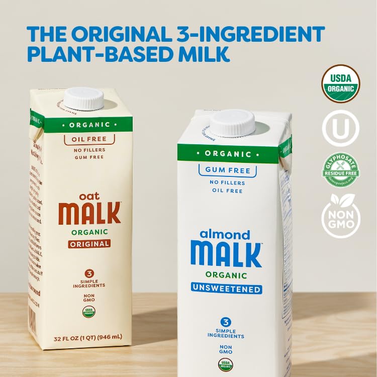 Malk Organic Unsweetened Almond Milk - 32 Fl Oz - 6 Pack - Non Gmo, Whole 30 Approved, Dairy Free, Vegan, Plant Based