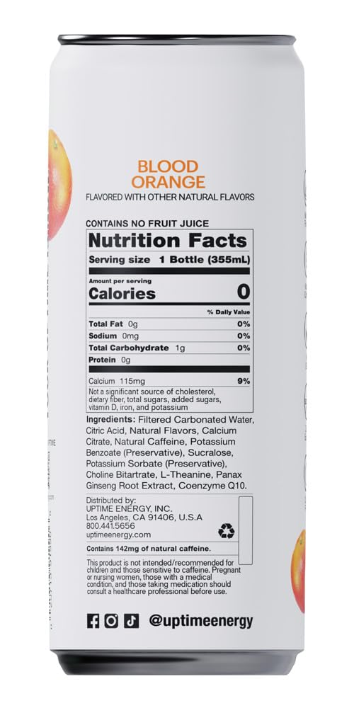 UPTIME Premium Energy Drink, Blood Orange, Zero Sugar, 12oz Bottles, 12 Pack, Natural Caffeine, Sparkling