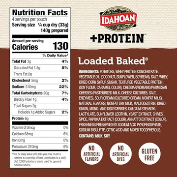 Idahoan Loaded Baked +Protein Mashed Potatoes, Naturally Gluten-Free, 100% Real Idaho Potatoes, 4 servings per bag, 4.6 ounce (P
