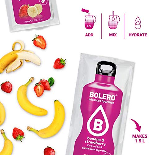 Bolero- Sugar Free Drink Mix Packets Banana And Stawberry Fruit Flavors | Powdered Flavored Water Packets | 12 Large Sachet On The Go Packets