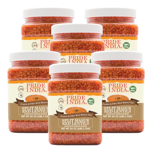 Pride Of India - PACK of 6 - Indian Split Masur Red Lentils - Protein & Fiber Rich Masoor Dal, 1.5 Pound Jar