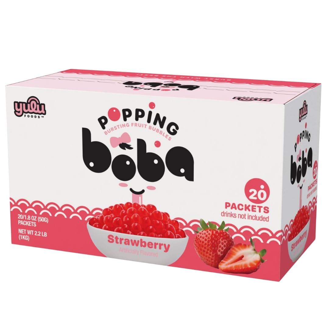 Yulu Foods Strawberry Popping Boba Pearls - Bursting Fruit Bubble Balls - 20 Pack Single-Serve Snacks - Ready To Eat Less Mess Than Tub Boba Kids Love It