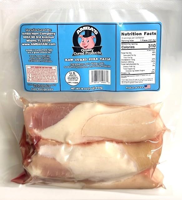 Raw Cured Pork Tails, Net Weight 16oz (1lb) Vacuum Pack Bag, Great For Jamaican Stew Peas With Pig Tails Recipe Along With Other
