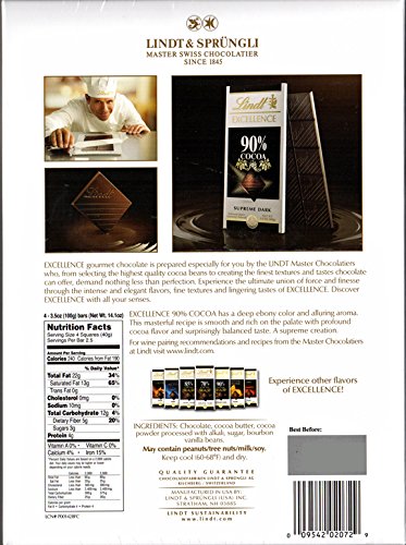 Lindt Excellence Bar, 90% Cocoa Supreme Dark Chocolate, Gluten Free, Great For Holiday Gifting, 3.5 Oz, 4Count