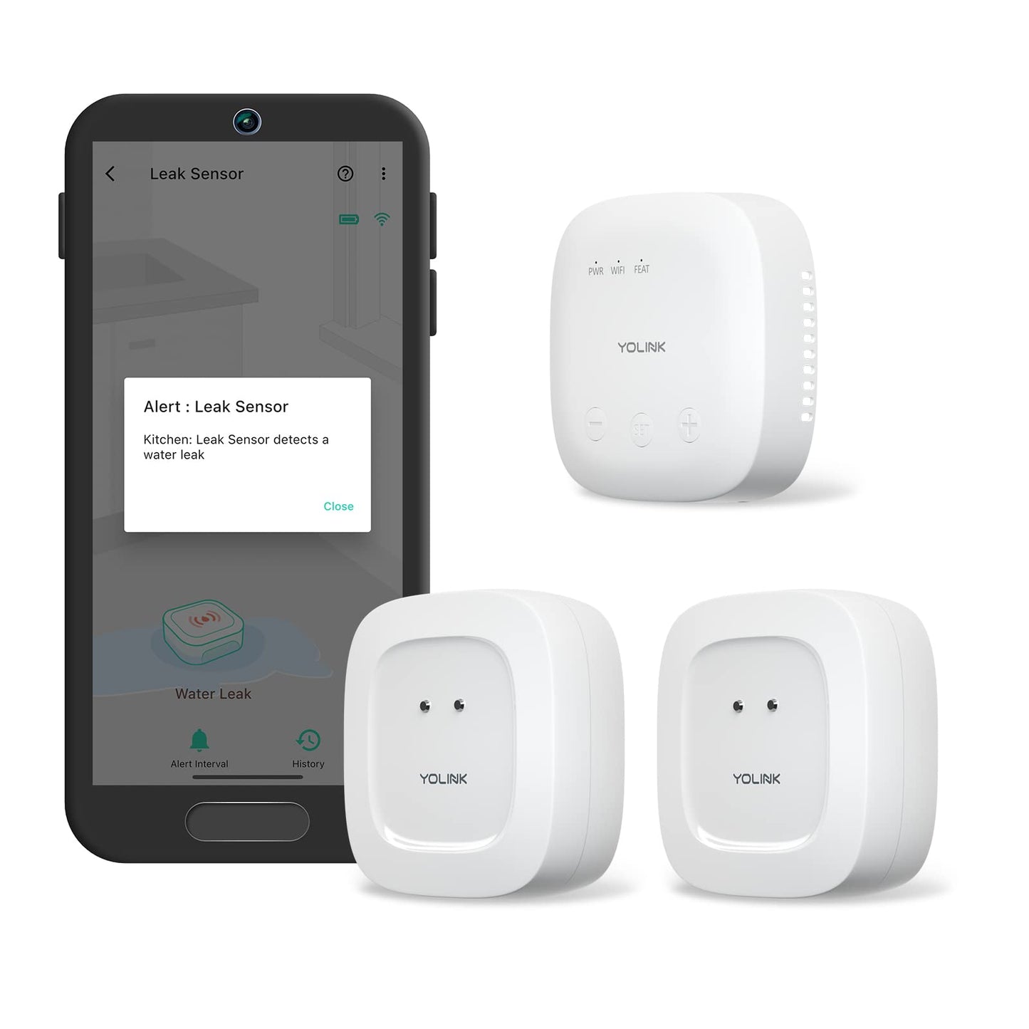 Yolink Water Leak Detection Starter Kit, W/Speakerhub Audio/Talking Hub & Water Leak Sensors, Lora Up To 1/4 Mile Open-Air Range
