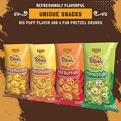 Unique Snacks Puffzels Variety Pack, Aged Cheddar And Honey Mustard, 2 Bags Of Each, Gluten-Free Snacks, 4.8 Ounce Snack Bags, Pack Of 4