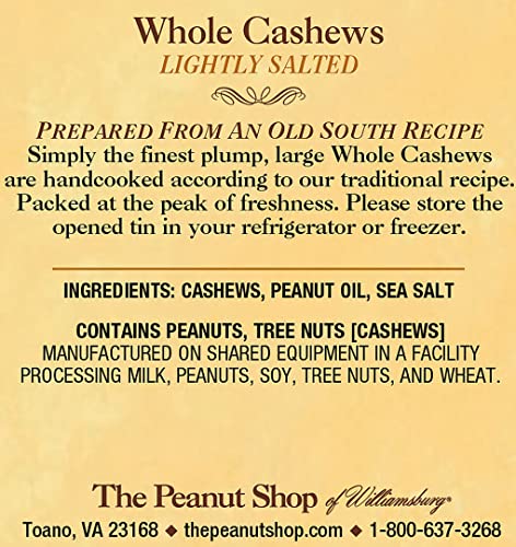 The Peanut Shop Of Williamsburg Lightly Salted Whole Cashews With Sea Salt, Gluten-Free Ingredients, Kosher Certified, Hand Cook