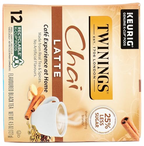 Twinings Chai Latte Tea K-Cup Pod for Keurig, Creamy, Slightly Sweet, Less Sugar, Caffeinated, 12 Count