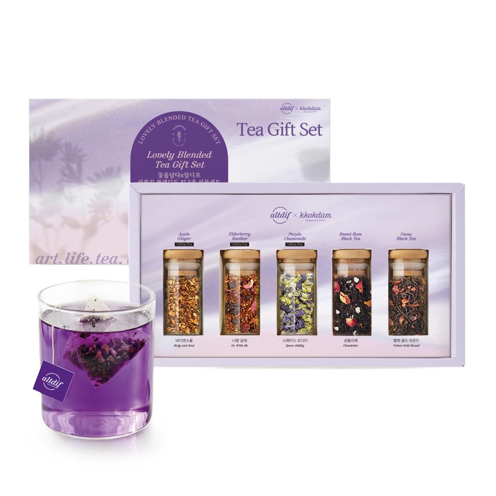Kkokdam Lovely Blending Tea Gift Set - Top-Grade 5-Flavor Tea Sampler (3 Herbal & 2 Black Tea Blends) - Loose Leaf Tea Variety Pack In Glass Jars - Unique Korean Gift Box For Women Mom & Tea Lovers