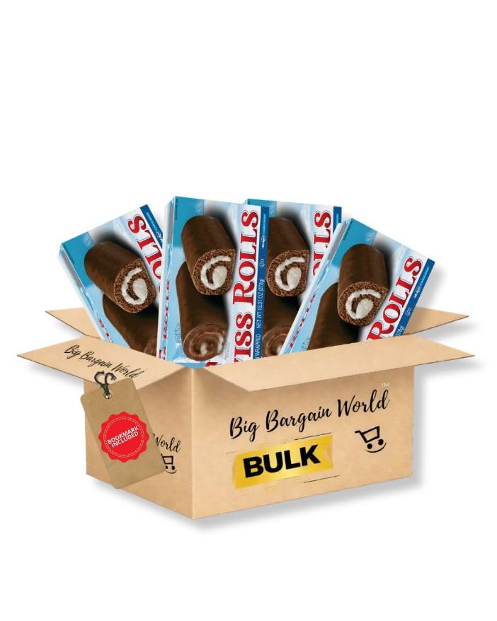 Big Bargain World Gift Box Swiss Roll Frosted Cream Roll Snack Cake, 4 Pack 13 oz each Individually Wrapped Includes Bonus Bookm