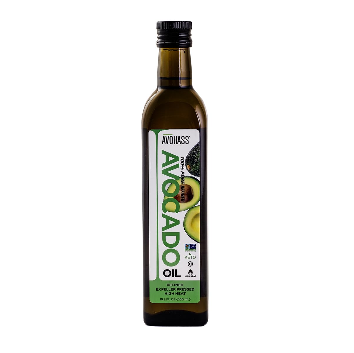 Avohass Avocado Oil for Cooking - 100% Pure Refined (500F) High Smoke Point Cooking Oil, 16.9 oz | Non-GMO Verified, Kosher Cert