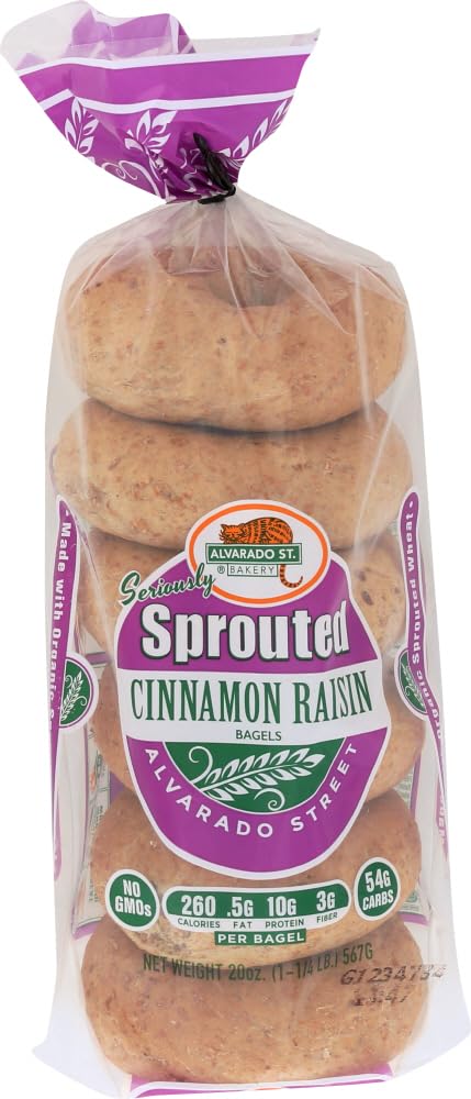 Alvarado Street Bakery Organic Sprouted Wheat Cinnamon Raisin Bagel, 20 Ounce -- 6 per case.