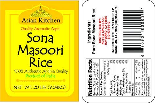 Asian Kitchen White Sona Masoori Aged Rice 20-Pound Bag, 20Lbs (9.08Kg) Short Grain Rice ~ All Natural | Gluten Friendly | Vegan
