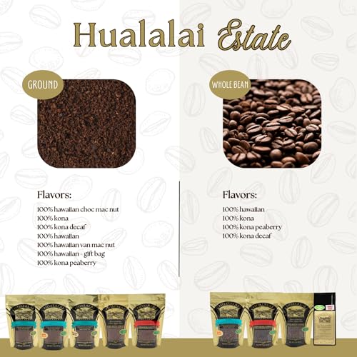 Hualalai Estate Whole Bean 100% Kona Coffee - Medium Dark Roasted Hawaiian Grown Beans - Pesticide-Free Gourmet Grade Premium Coffee (7 Oz)