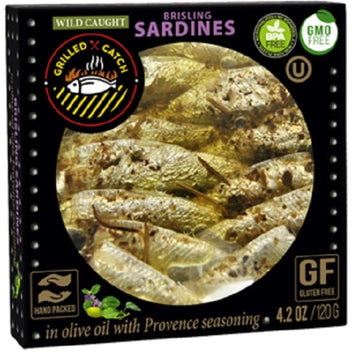Grilled Catch Wild Caught BRISLING SARDINES in olive oil 4.2 oz/120g, pack of 5, Product of Latvia, (Provence Seasoning)