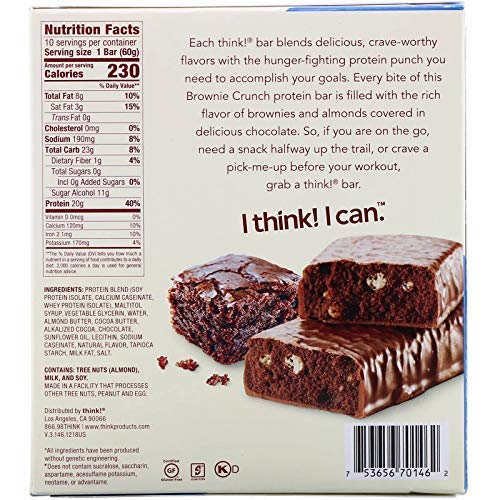 Think! Protein Bars, High Protein Snacks, Gluten Free, Sugar Free Energy Bar With Whey Protein Isolate, Brownie Crunch, Nutrition Bars Without Artificial Sweeteners, 2.1 Oz (10 Count)