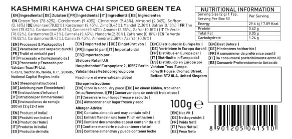 Vahdam, Kashmiri Kahwa Tea (50 Cups/3.53Oz) | Green Tea, Cinnamon, Cardamom, Almond & Saffron | Enhanced India Loose Leaf Tea | Vacuum Sealed For Freshness